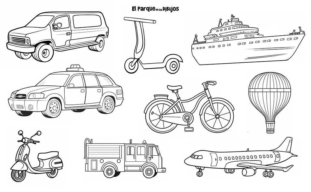 Imágenes para colorear medios de transportes, set 1 furgoneta, patinete, barco, coche taxi, bicicleta, globo, moto scooter, camión de bomberos y avión