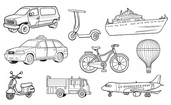 Conjunto de imágenes de medios de transporte para colorear nº 1. Furgoneta, patinete, barco, coche taxi, bicicleta, globo, moto scooter, camión de bomberos, avión.