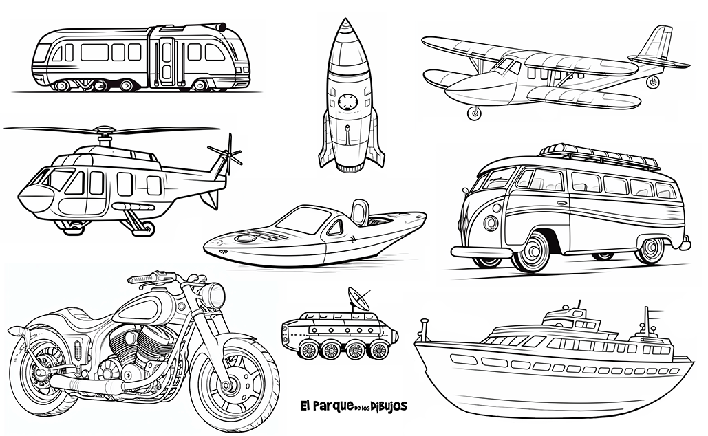 Imágenes para colorear medios de transportes, set 2 Tren, cohete, avión, helicóptero, lancha, furgoneta, vehículo de exploración espacial y barco