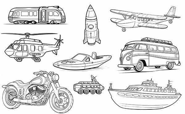 Conjunto de imágenes de medios de transporte para colorear nº 2. Tren, cohete, avión, helicóptero, lancha, furgoneta, vehículo de exploración espacial y barco.