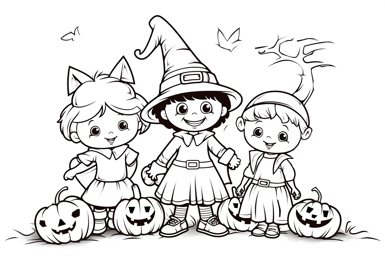 Dibujo para colorear 3 niñas disfrazadas de Halloween con calabazas
