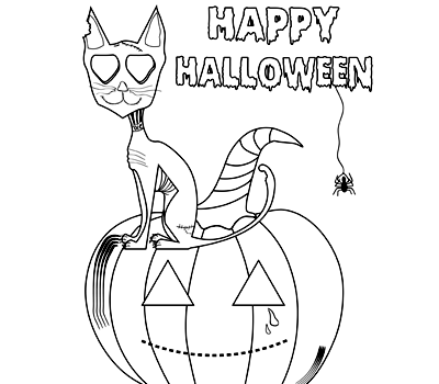Dibujo para colorear de Halloween, gato sobre calabaza, con araña