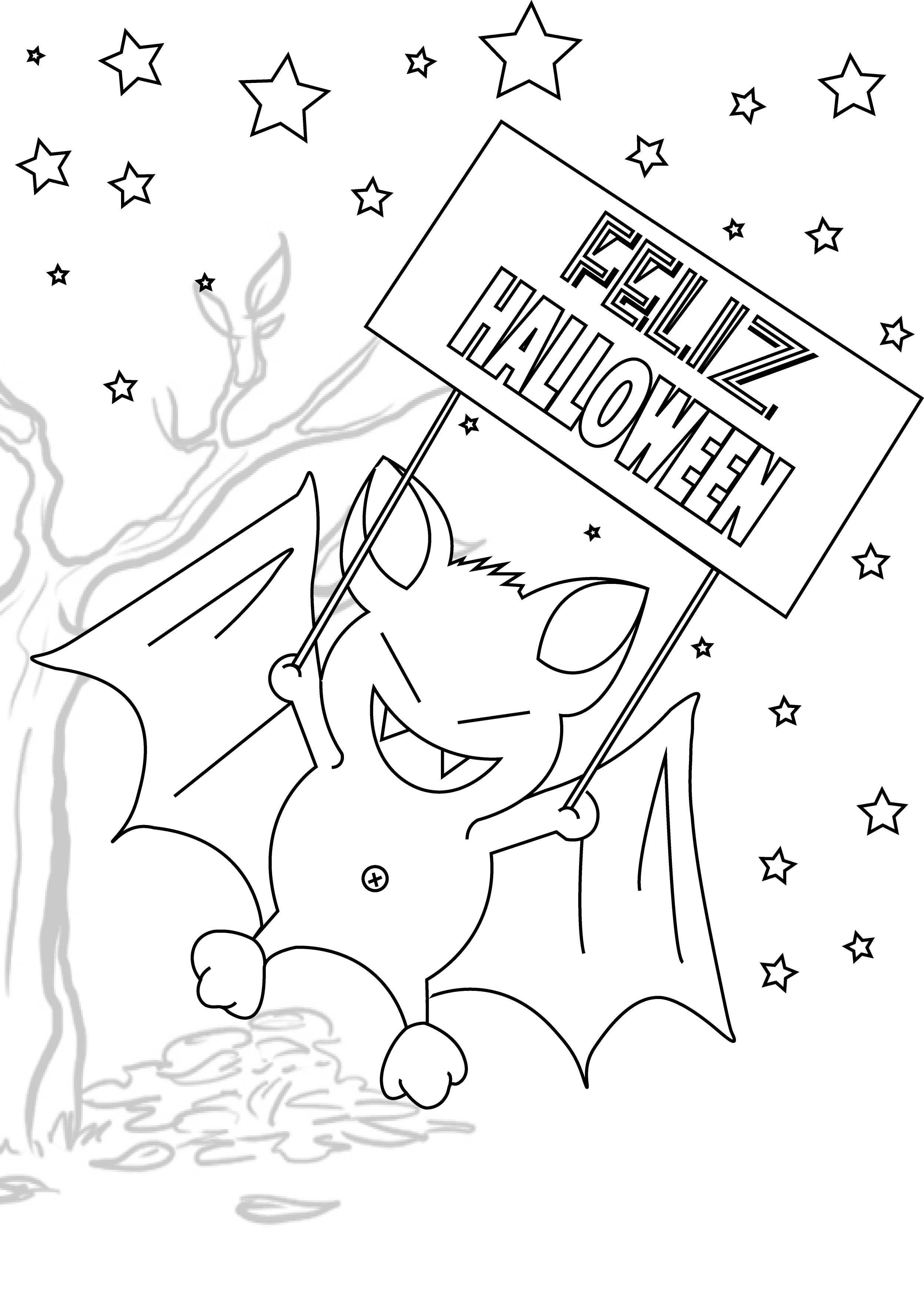 Dibujo para colorear de Halloween Murciélago con felicitación