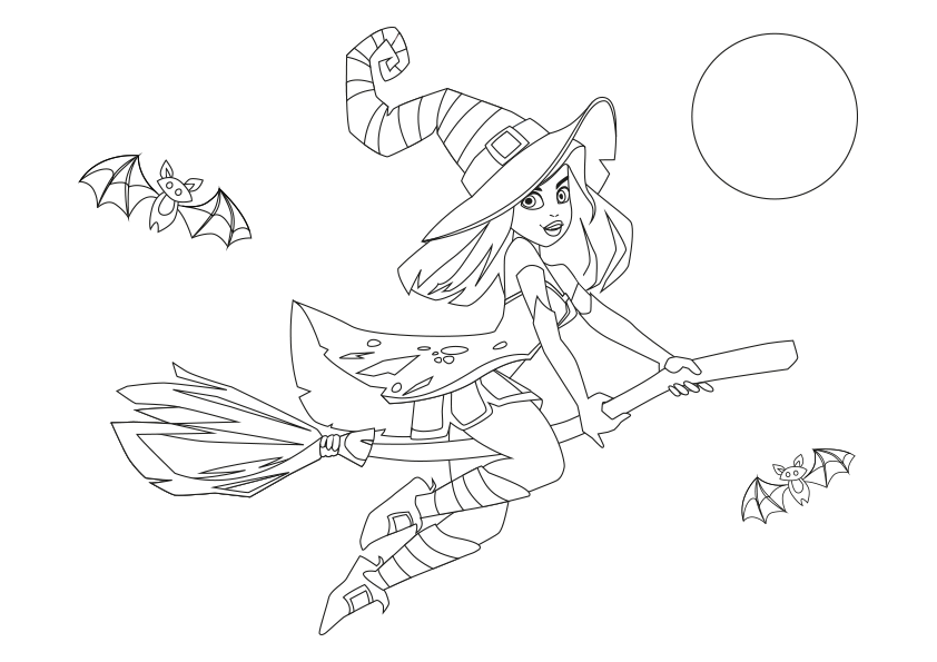 Dibujos de Halloween para colorear, bruja volando en una escoba. Halloween coloring pages, witch flying on a broom.