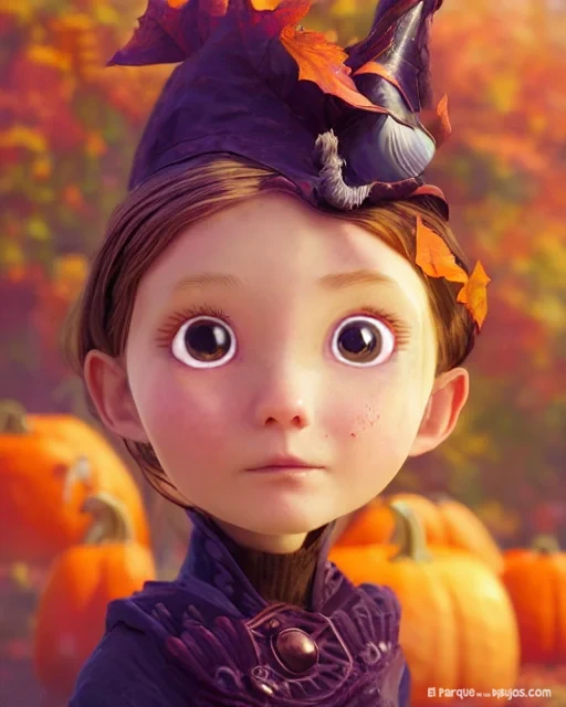 Dibujo de Halloween, niña con gorro morado y fondo de fantasía con calabazas.