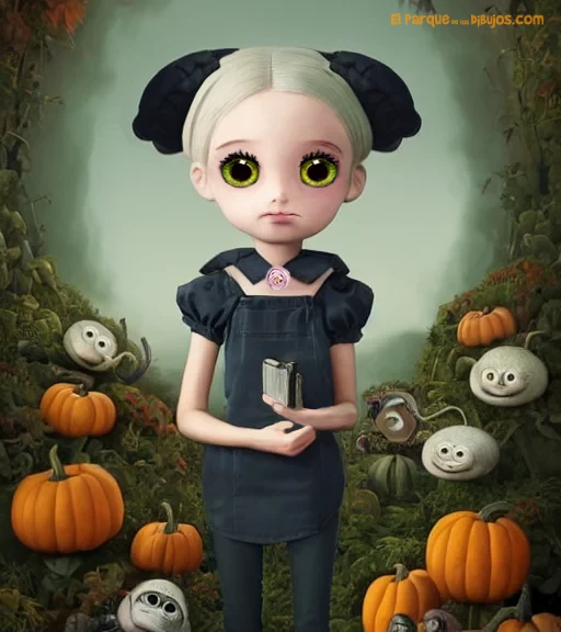 Dibujo de Halloween de un niña con vestido negro en un campo de fantasía con calabazas