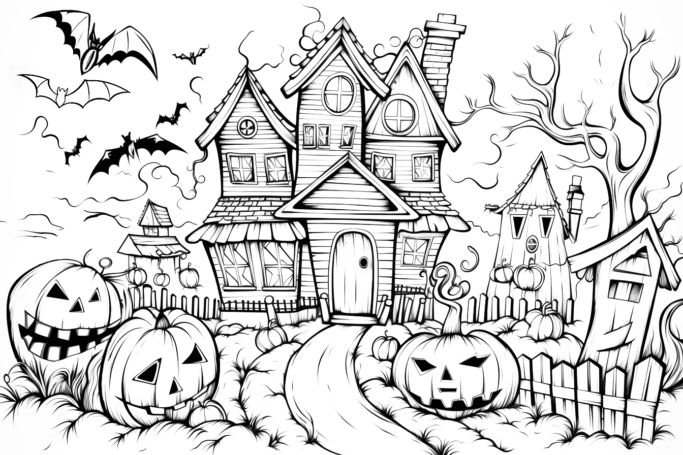 Dibujo de Halloween de una casa encantada con murciélagos