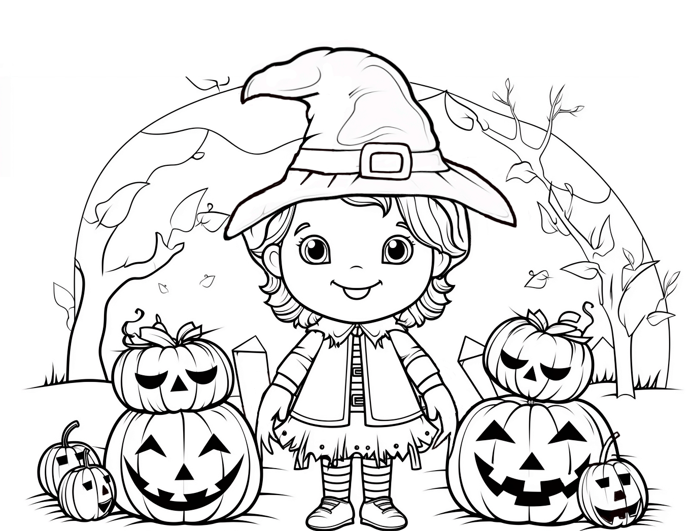 Dibujo para colorear una niña disfrazada de Halloween con calabazas