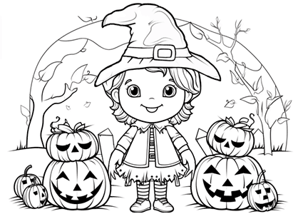 Dibujo de una niña con disfraz de Halloween y calabazas