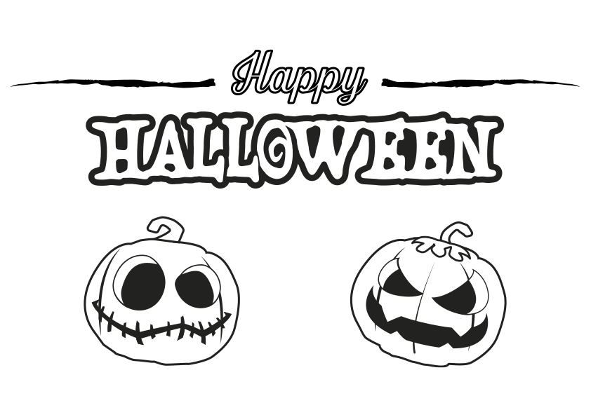 Dibujo de un cartel con la frase Happy Halloween y unas calabazas para colorear. Happy Halloween phrase and some pumpkins coloring page.
