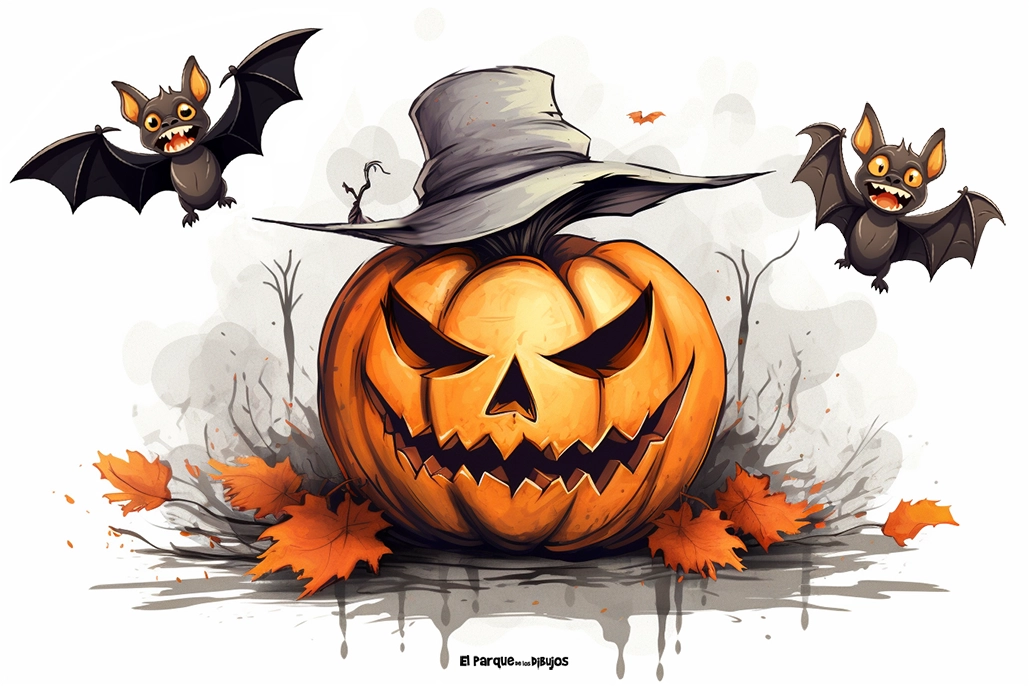 Imagen de Halloween de dibujos animados de unos murciélagos volando sobre una calabaza