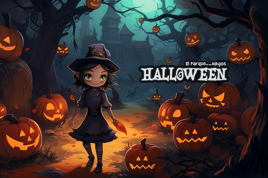 Imagen de Halloween para imprimir de una niña vestida de bruja paseando en el bosque de calabazas