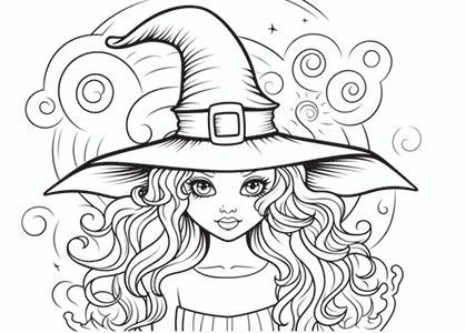 Imagen ilustración chica con gorro de bruja de Halloween