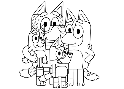 Dibujo de la familia Heeler para colorear. La familia de perros más chisposa, Bluey, Bingo, Chili y Bandit