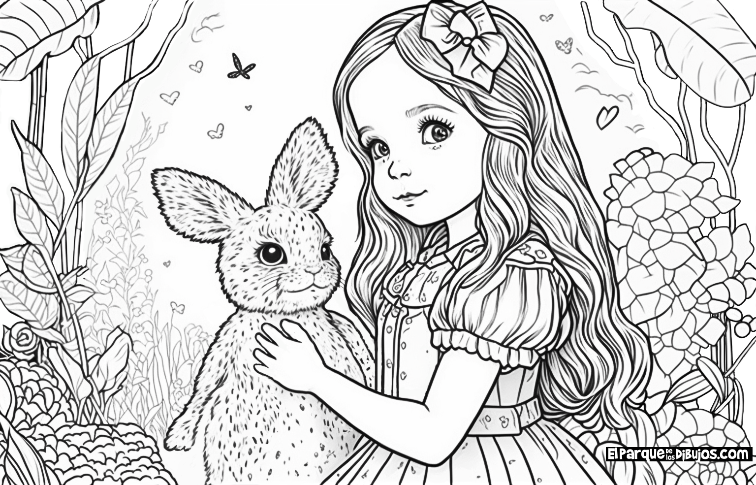 Dibujo para colorear de la película de Disney Alicia en el País de las Maravillas, el conejo blanco con su reloj diciendo que llega tarde y Alicia le persigue.