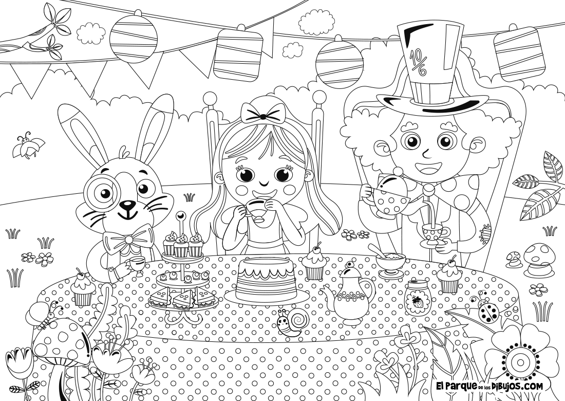 Dibujo de Alicia en el País de las Maravillas para colorear. Escena de Alicia con el sombrerero loco y el conejo blanco tomando el té.