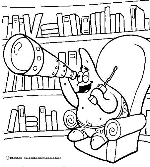 Dibujo para colorear de Patricio sentado en un sillón con una mano observando con un telescopio y la otra con un teléfono rodeado de libros
