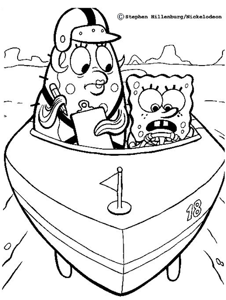 Dibujo para colorear de Bob Esponja y la Sra. Puff juntos en un barco