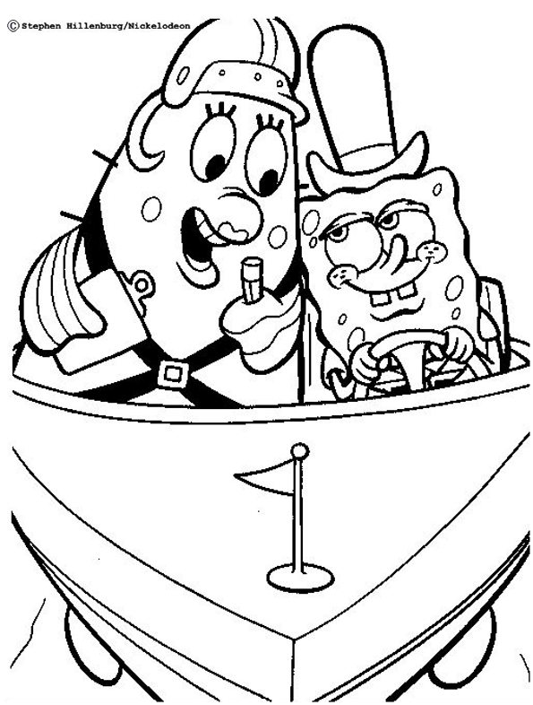 Dibujo para colorear de Bob Esponja y Srta. Puff sonrientes juntos en un barco