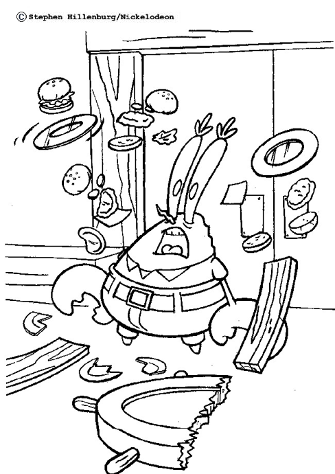 Dibujo para colorear de Eugenio Cangrejo con comida voladora a su alrededor