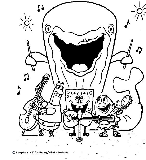 Dibujo para colorear de Bob Esponja tocando la guitarra con su banda musical