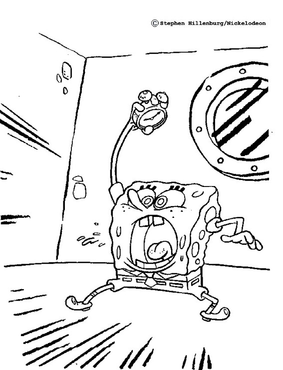 Dibujo para colorear de Bob Esponja alzando con una mano el despertador a la vez que esta gritando