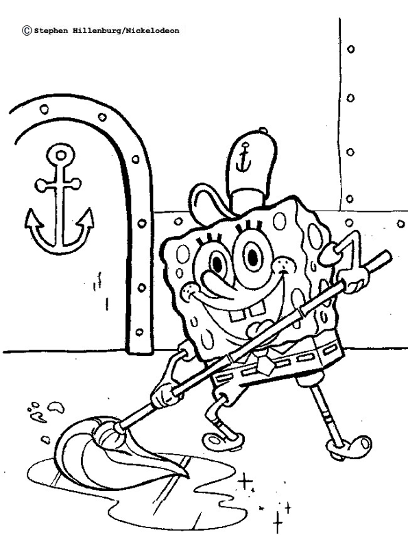 Dibujo para colorear de Bob Esponja sonriente fregando el suelo del barco