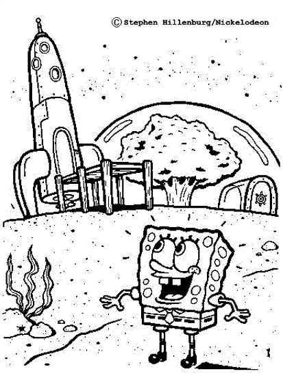 Dibujo para colorear de Bob Esponja sonriente junto al cohete espacial