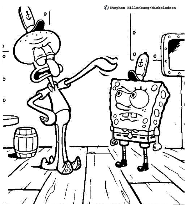 Dibujo para colorear de Bob Esponja y Calamardo están con cara de enfadados a la vez que Calamardo tiene levantado un tentáculo
