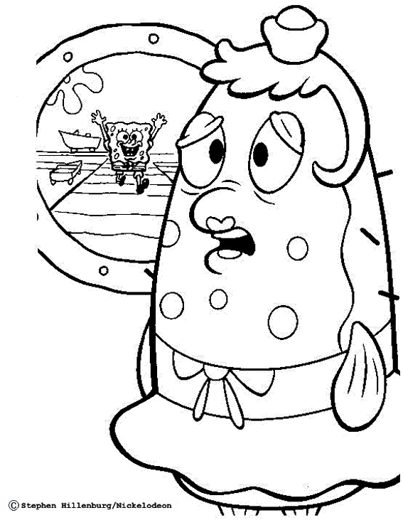 Dibujo para colorear de Bob Esponja acercándose corriendo con las manos levantadas a la Sra. Puff y ella viéndole a través de una ventana