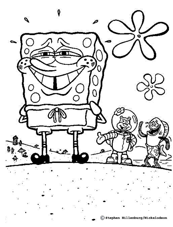 Dibujo para colorear de Bob Esponja sonriente y a lo lejos le observan Arenita Mejillas y otro amigo
