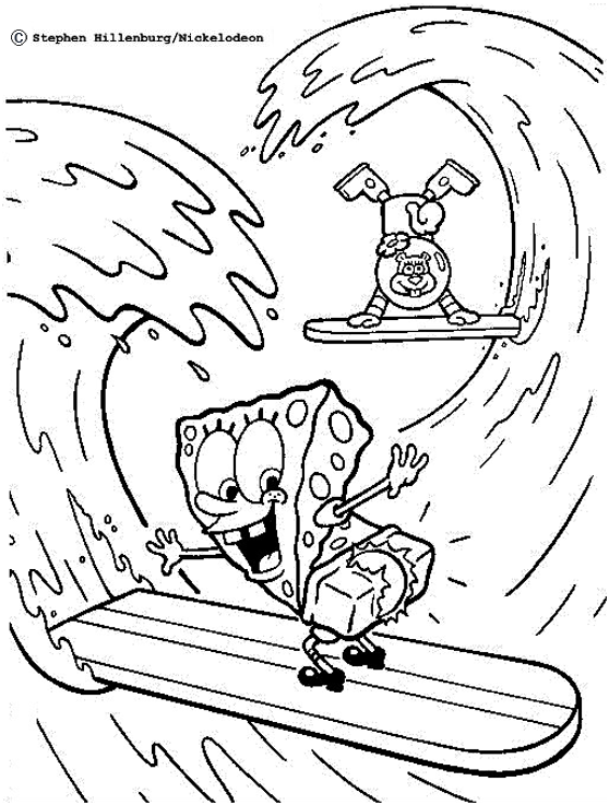 Dibujo para colorear de Bob Esponja y Arenita Mejillas en el mar surfeando con unas tablas