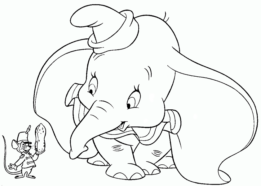 Dibujo para colorear del elefante Dumbo con el ratón Timothy de la película clásica de Disney