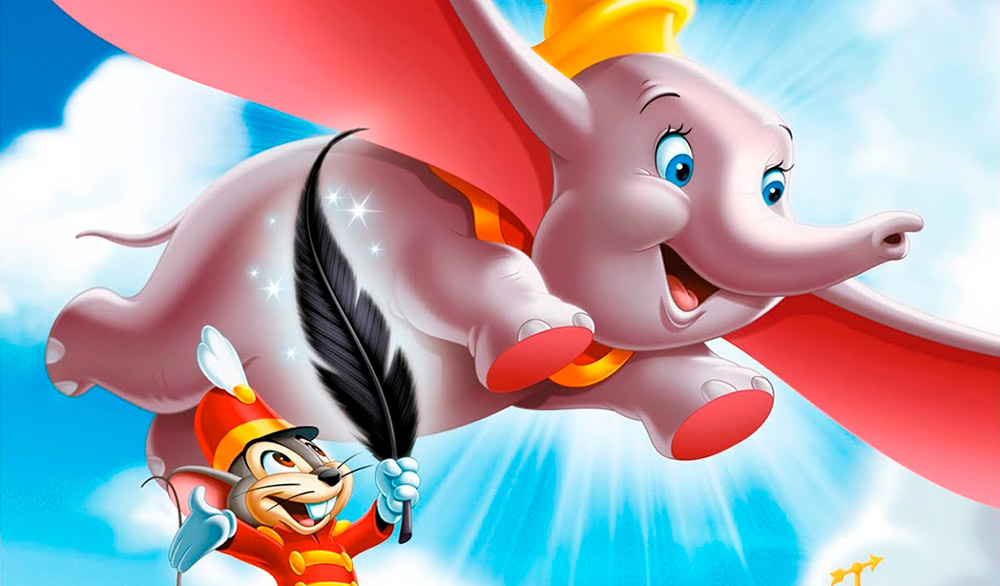 Imagen promocional de la edición especial de la película de Disney Dumbo con el elefante Dumbo y el ratón Timothy
