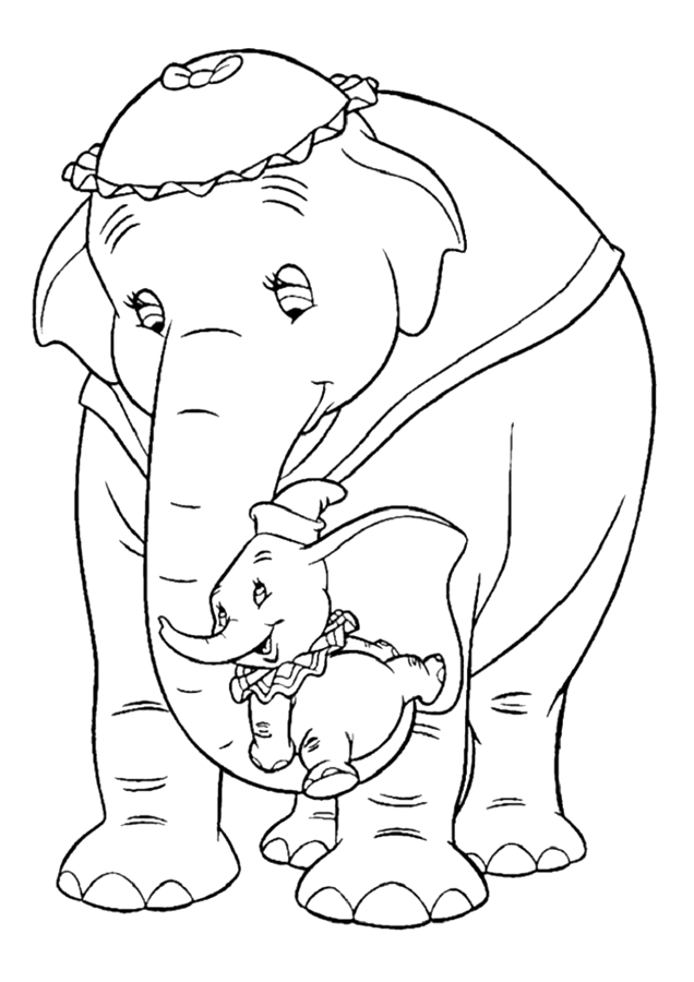 Dibujo para colorear de la mamá elefante de Dumbo cuando era bebé, de la película clásica de Disney