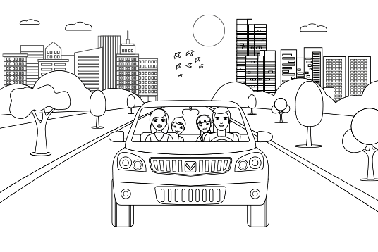 Dibujo para colorear de una familia que sale de la ciudad en el coche