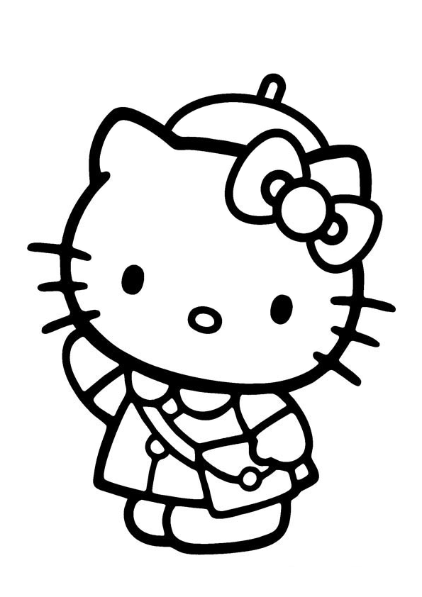 Dibujo para colorear de Hello Kitty con un bolso. Hello Kitty with a bag coloring page.