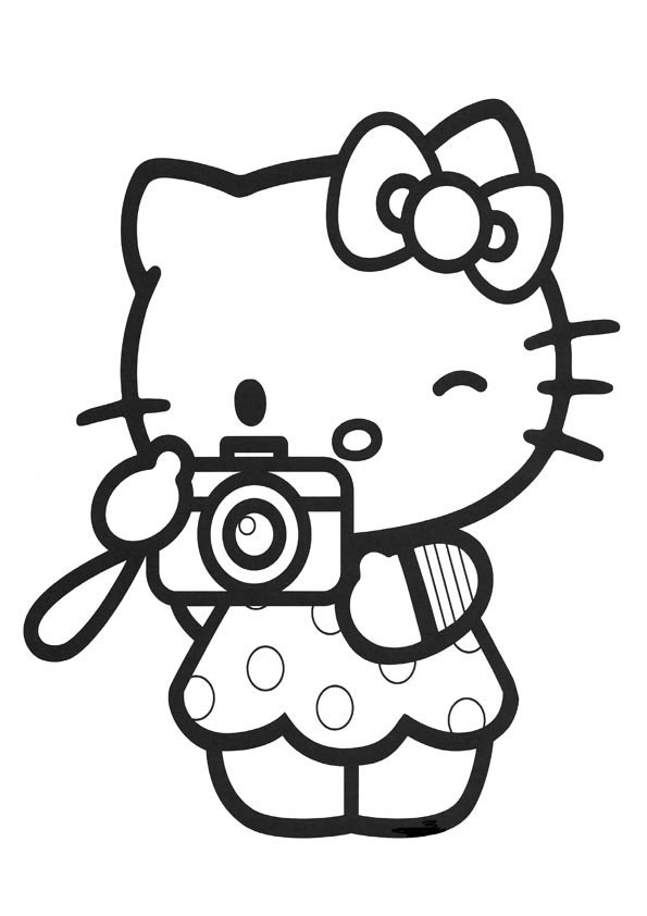 Dibujo para colorear de Hello Kitty fotógrafa. Hello Kitty taking a photo coloring page. Hello Kitty photographer coloring page.