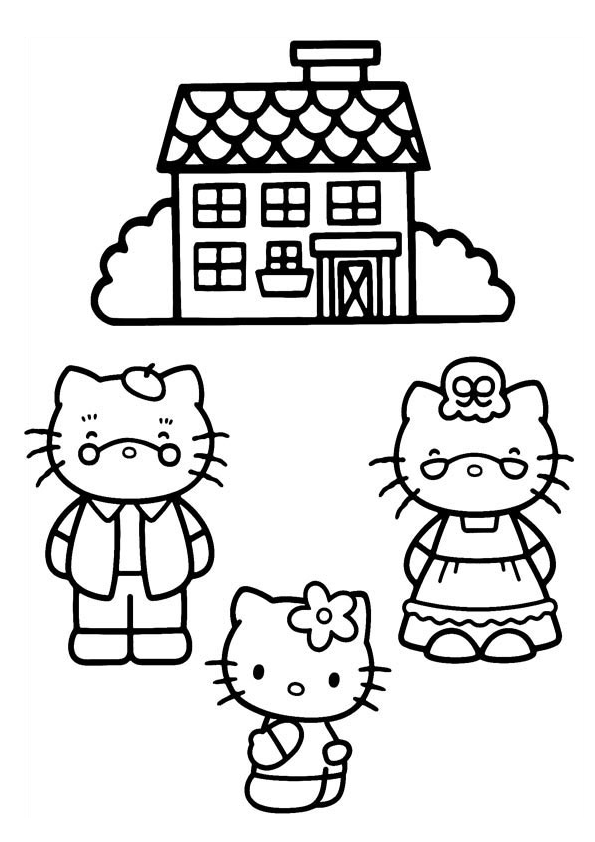 Dibujo de Hello Kitty para colorear con sus abuelos. Drawing of Hello Kitty with her grandparents coloring page.