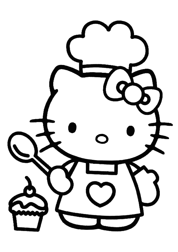 dibujo en blanco y negro de Hello Kitty para colorear haciendo pasteles en la cocina. Hello Kitty for coloring making cakes in the kitchen. Hello Kitty cook coloring page.