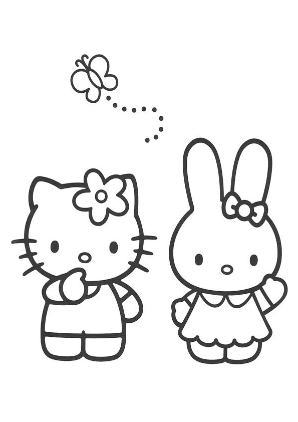 Dibujo de Hello Kitty con su amiga coneja kawaii. Dibujo para colorear de Hello  Kitty con una conejita.