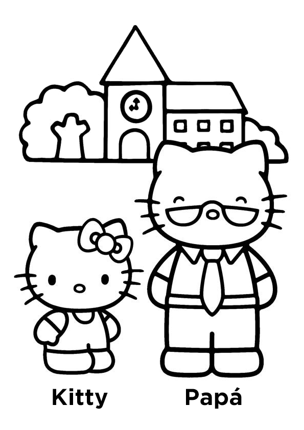 Dibujo de Hello Kitty con su papá para colorear. Drawing of Hello Kitty with her dad coloring page