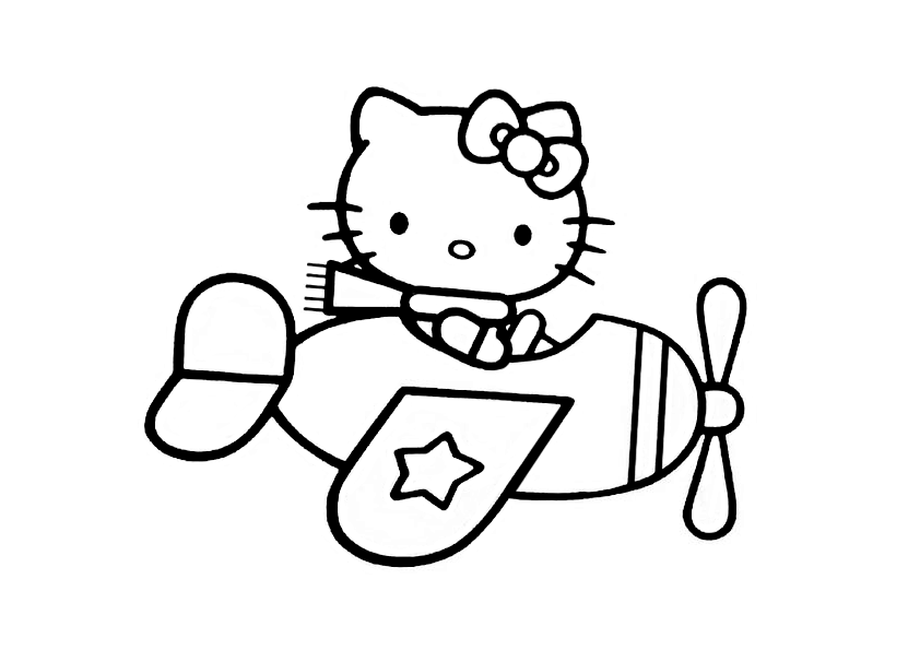 dibujo de Hello Kitty en avión para colorear. Drawing of Hello Kitty riding a plane. Hello Kitty in airplane coloring page.