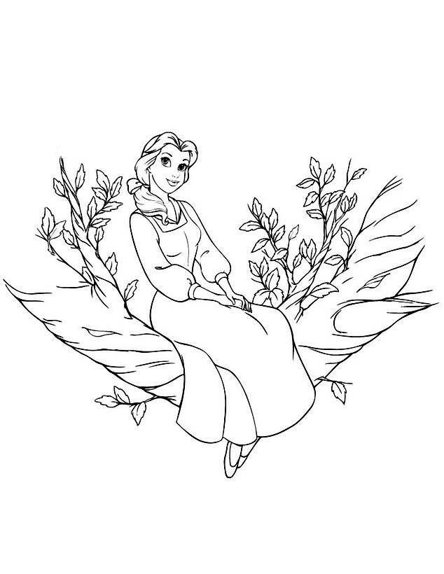 Dibujo para colorear de La Bella y la Bestia, Bella sentada en las ramas de un árbol