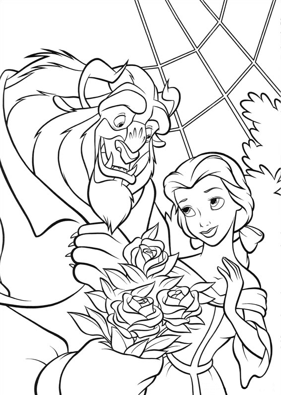 Dibujo para colorear de La Bella y la Bestia, Bestia regala un ramo de flores a Bella