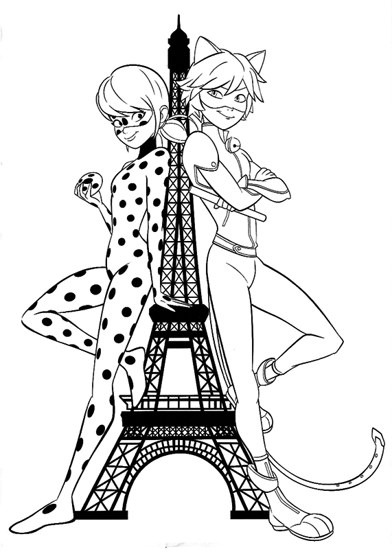 Dibujos Ladybug Miraculous para colorear. Ladybug y Catnoir en la Torre Eiffel.  Ladybug and Catnoir next to Eiffel Tower coloring pages