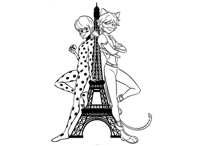 Dibujo para colorear de Ladybug y Catnoir en la Torre Eiffel