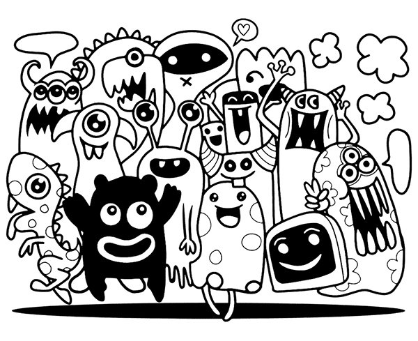 Dibujo de una familia de monstruos infantiles para colorear