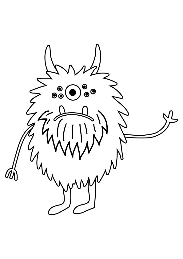 Dibujo infantil para colorear un monstruo peludo con cuernos y muchos ojos pequeños