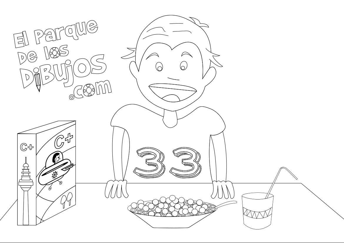 Dibujo para colorear de la serie de El parque de los dibujos, niño desayunando cereales